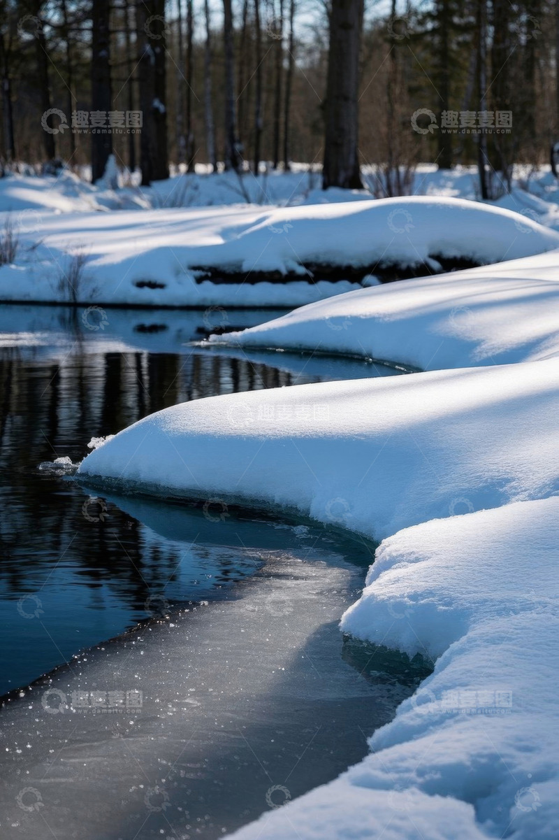 高清大图下载【趣麦麦图】冬日雪覆森林中的溪流景观