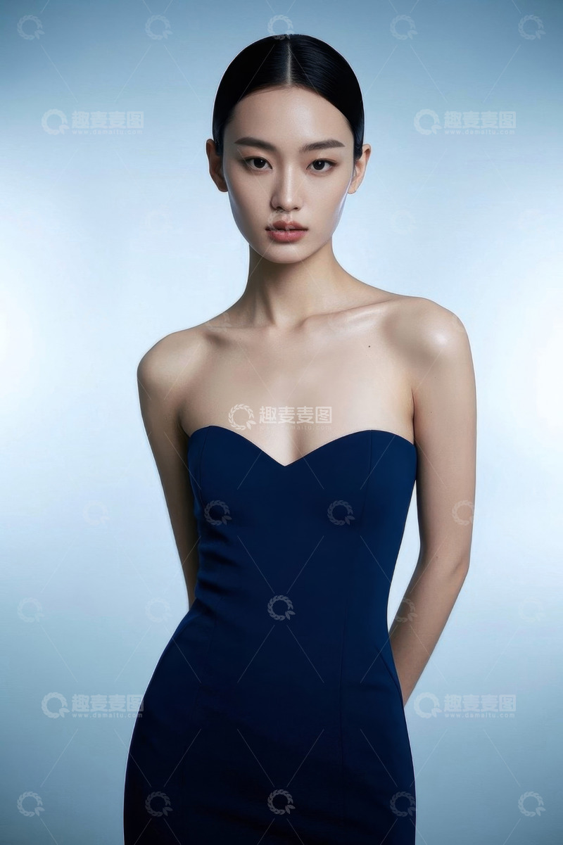 高清大图下载【趣麦麦图】优雅女性身穿深蓝色礼服