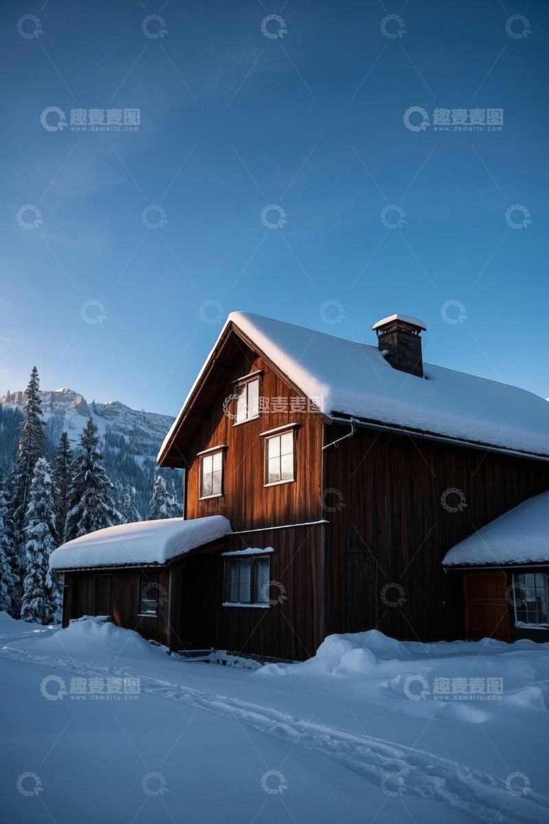 高清大图下载【趣麦麦图】雪中山间木屋景观