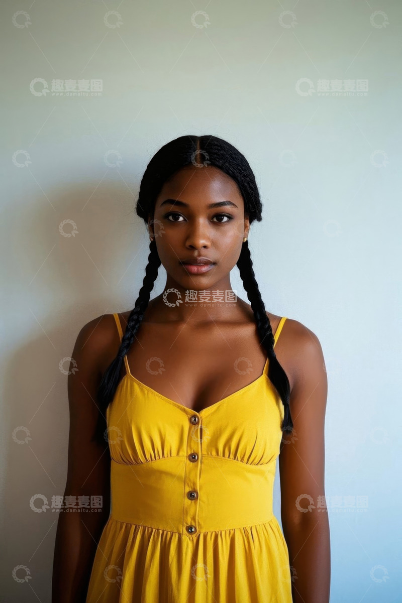 高清大图下载【趣麦麦图】穿着黄色连衣裙的年轻黑人女子