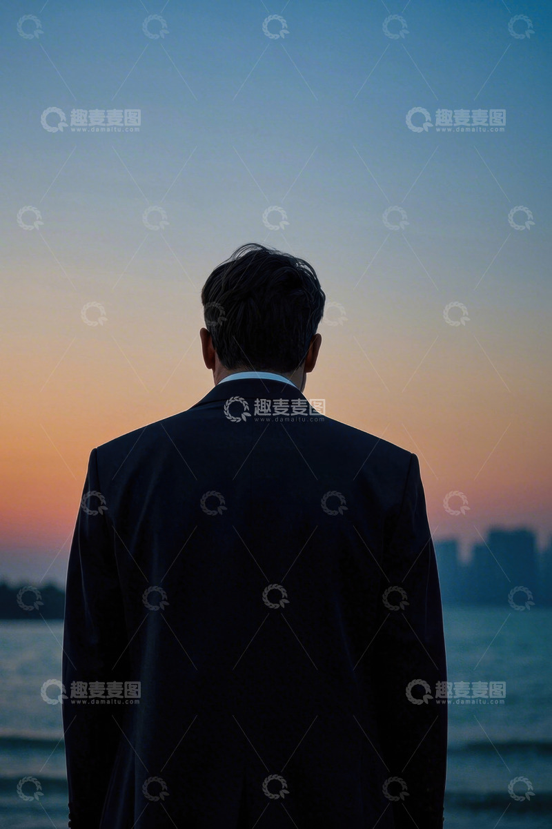 高清大图下载【趣麦麦图】落日余晖下西装男子背影