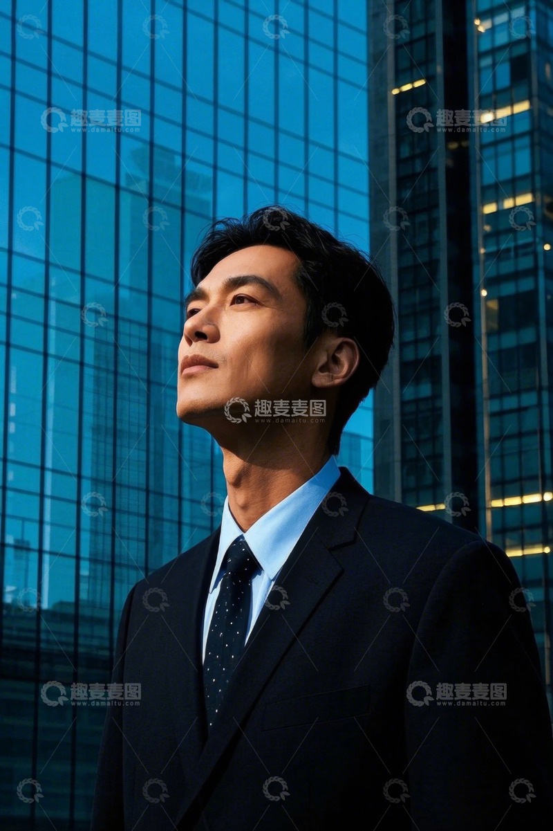高清大图下载【趣麦麦图】西装革履男士仰望都市摩天大楼