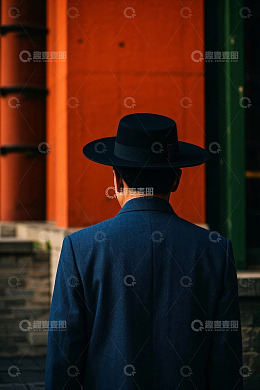 背影黑衣男子戴礼帽伫立建筑前