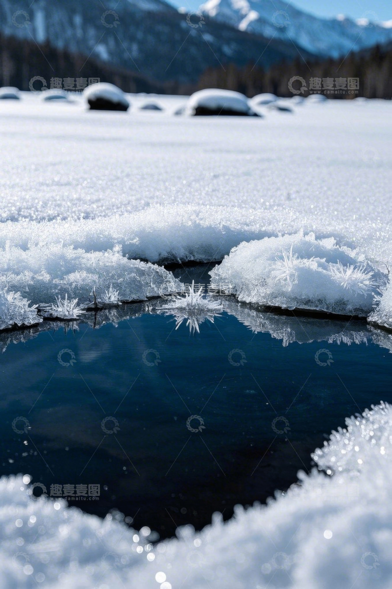 高清大图下载【趣麦麦图】雪地中的积水与冰雪景观