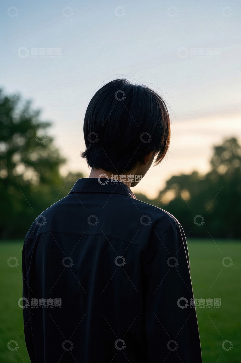 高清大图下载【趣麦麦图】傍晚落日余晖下的黑色衬衫少年