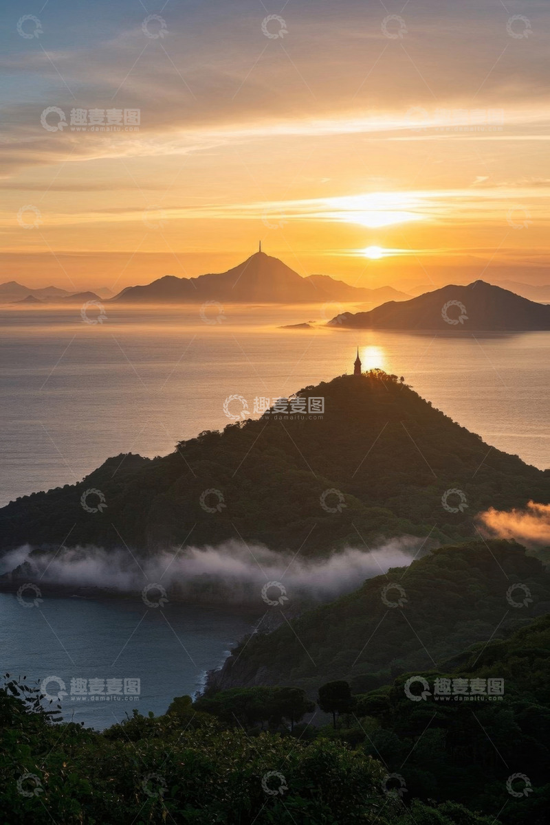 高清大图下载【趣麦麦图】海边山峦日出景象