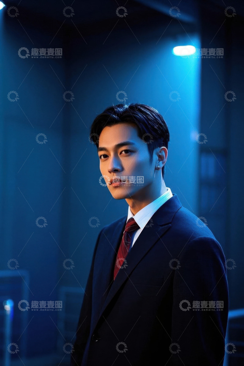 高清大图下载【趣麦麦图】蓝光背景下西装革履的年轻男子