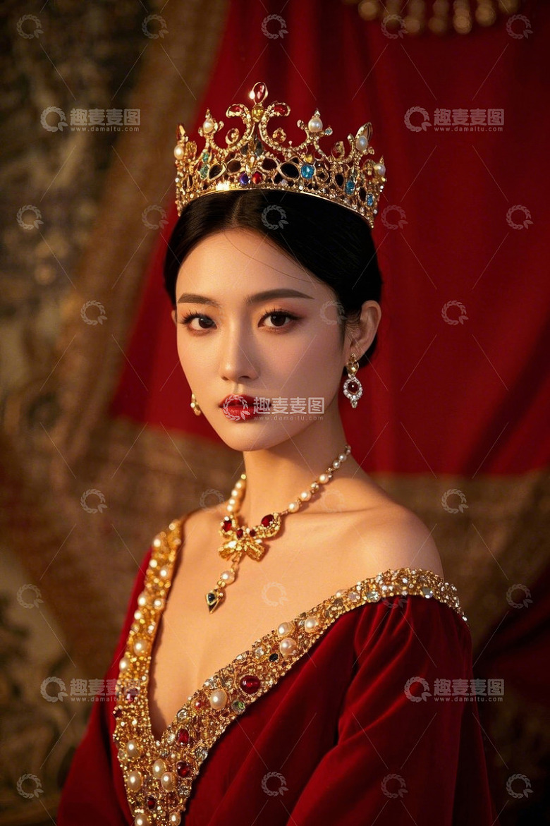 身穿红袍戴皇冠的美丽女子