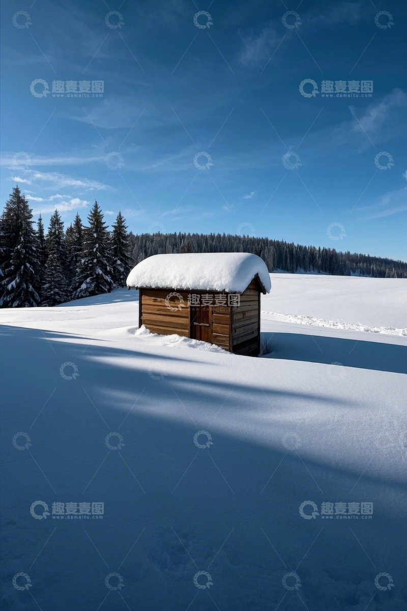高清大图下载【趣麦麦图】雪地中的木屋与松林景观