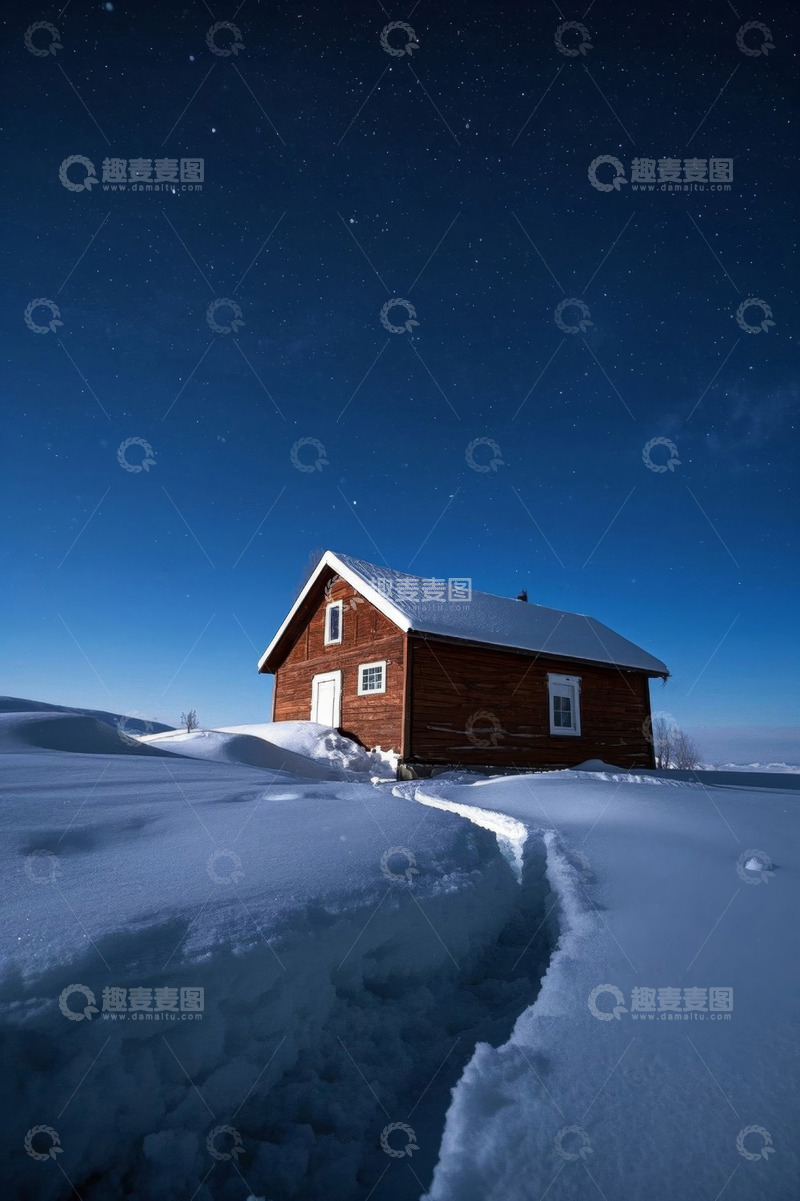 高清大图下载【趣麦麦图】雪地上的木屋与夜空景象