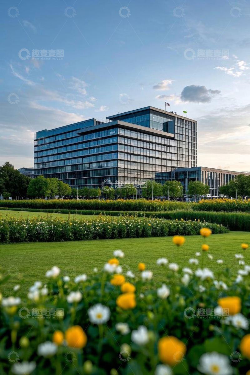高清大图下载【趣麦麦图】现代建筑前的花园绿地景观