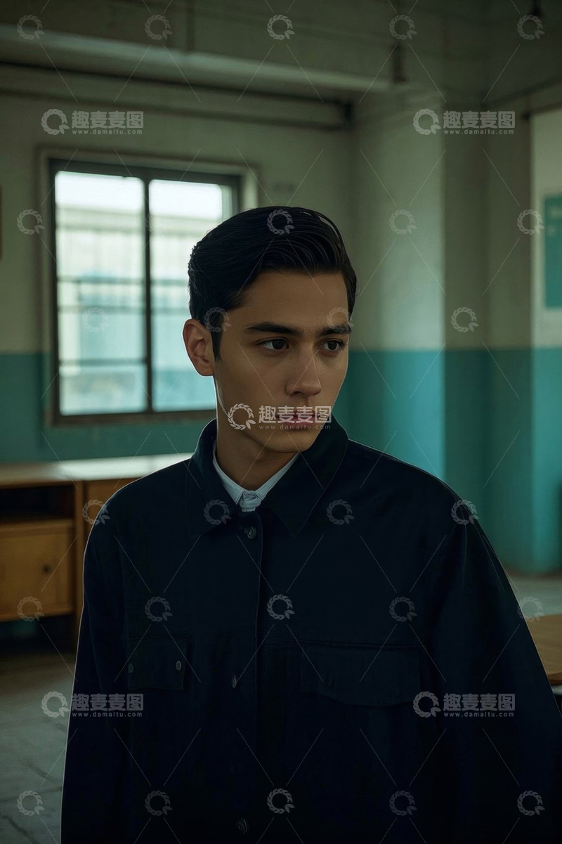 高清大图下载【趣麦麦图】年轻男子室内肖像穿着深色衬衫