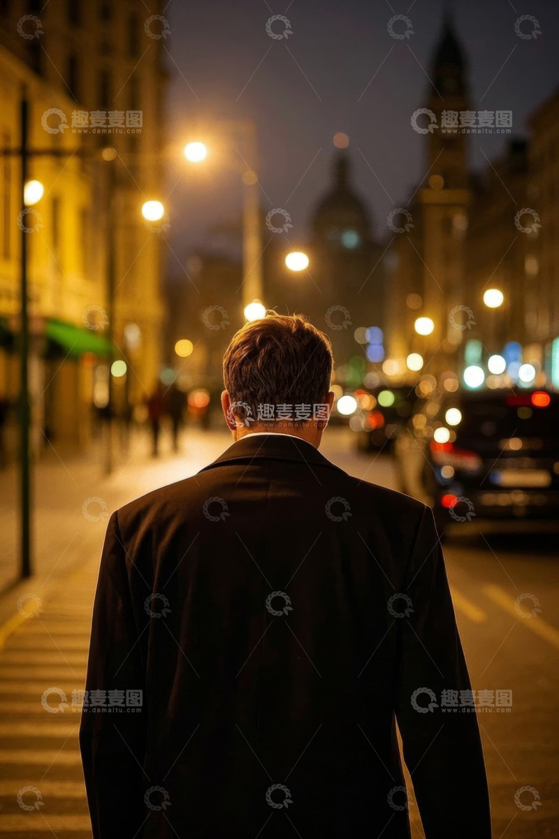 高清大图下载【趣麦麦图】夜幕下孤独前行的男子