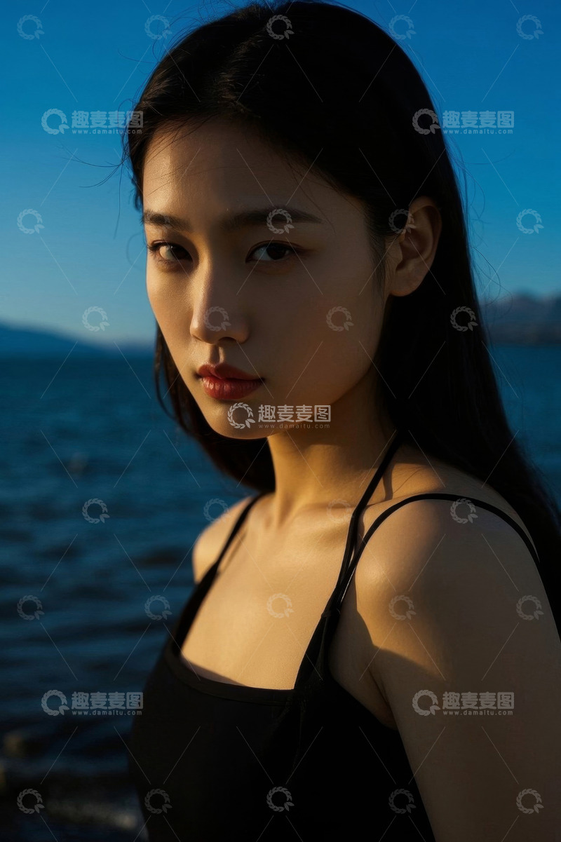 高清大图下载【趣麦麦图】傍晚海边年轻女子侧颜照