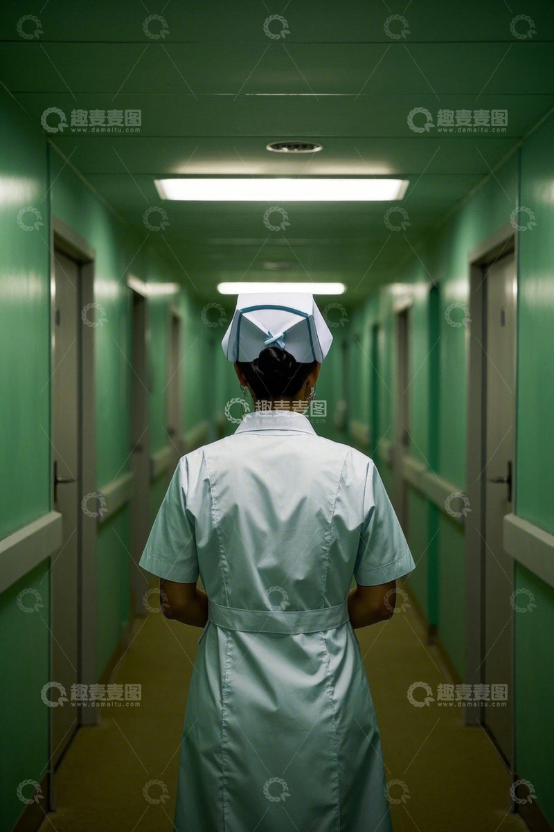 高清大图下载【趣麦麦图】护士长走廊背影医院绿墙