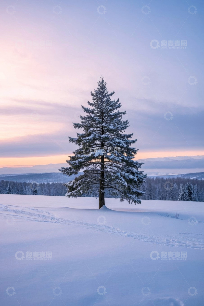 高清大图下载【趣麦麦图】雪地中孤独的积雪松树景观