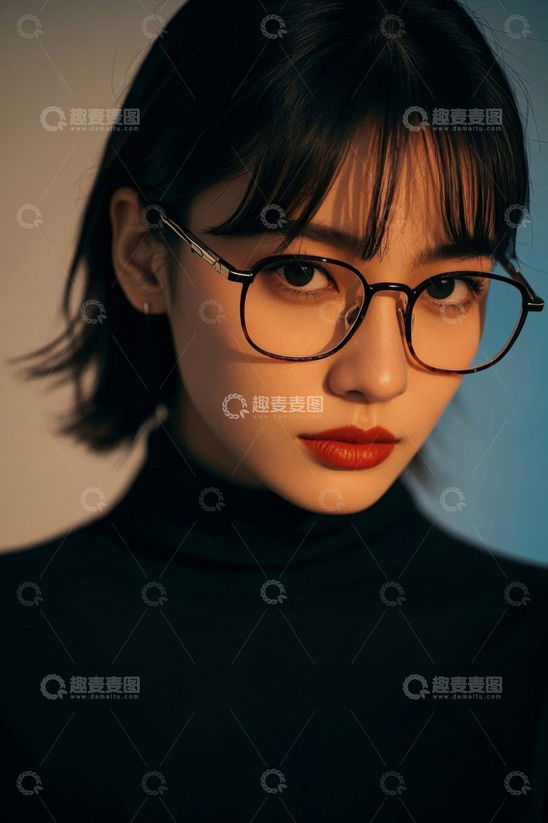 时尚眼镜女孩肖像特写