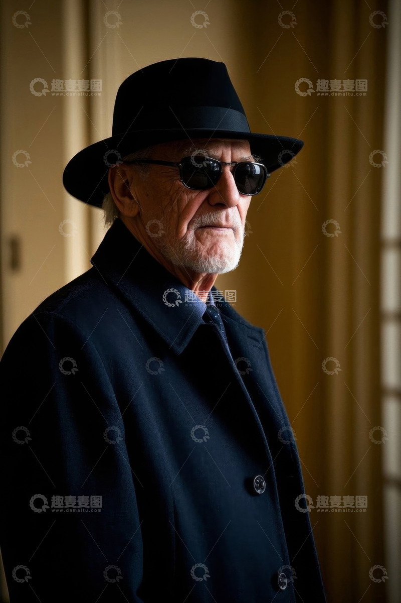 高清大图下载【趣麦麦图】身穿黑色外套戴黑帽墨镜的老人