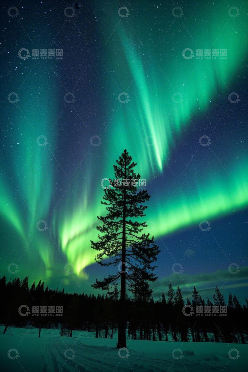 高清大图下载【趣麦麦图】雪地森林上空的极光景象