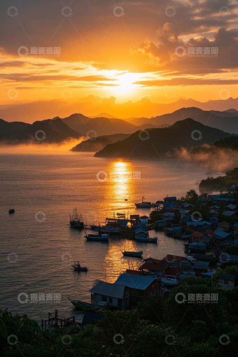 高清大图下载【趣麦麦图】海边渔村日出景象