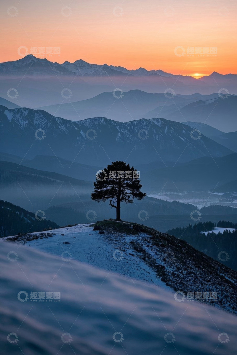 高清大图下载【趣麦麦图】雪山之巅孤树日出景象