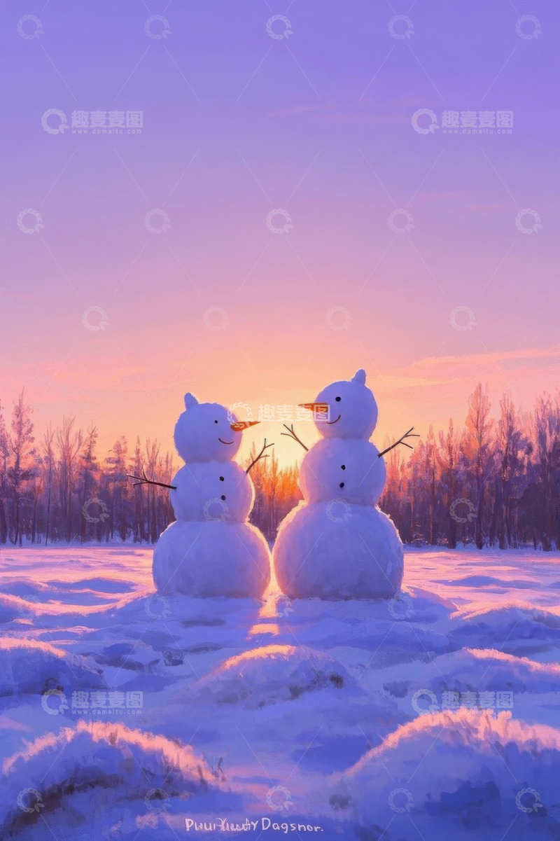 高清大图下载【趣麦麦图】夕阳下雪地中的两个雪人
