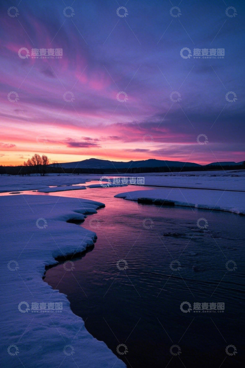 高清大图下载【趣麦麦图】雪后河流日出自然风光