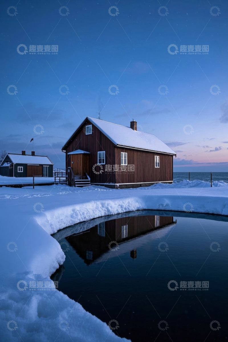 高清大图下载【趣麦麦图】雪后木屋旁的宁静池塘