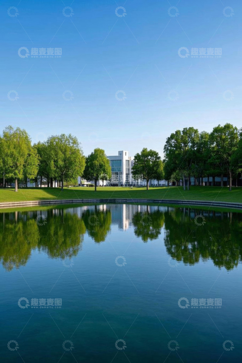 高清大图下载【趣麦麦图】湖边绿树环绕的现代建筑景观