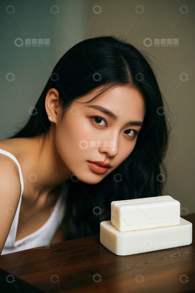 高清大图下载【趣麦麦图】美女侧颜精致，洁白香皂静置一旁