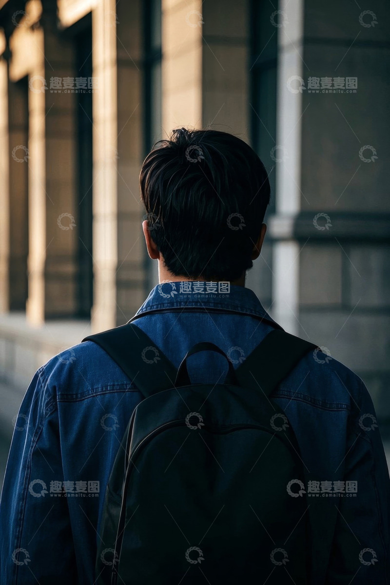 高清大图下载【趣麦麦图】背影男子都市行走背包