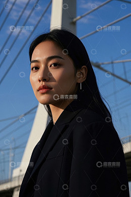 时尚女子桥边写真,黑色西装外套