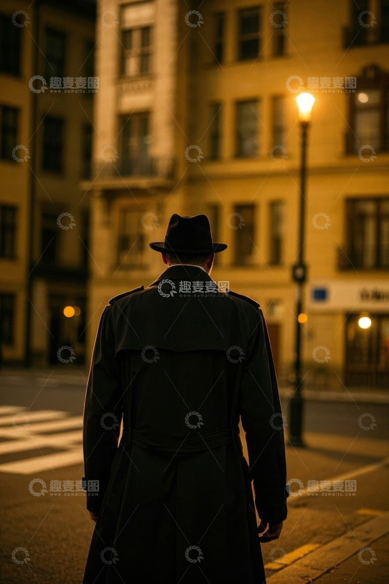 高清大图下载【趣麦麦图】夜色中穿着风衣的男子背影