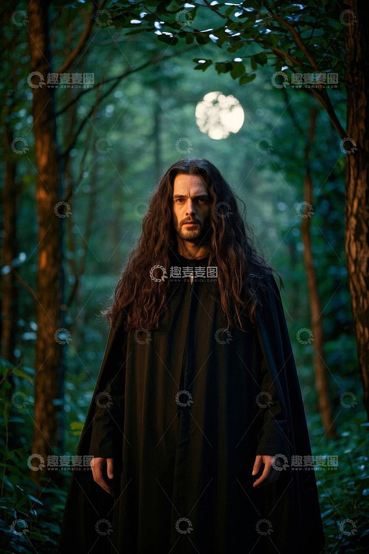 长发男子身着黑衣伫立森林
