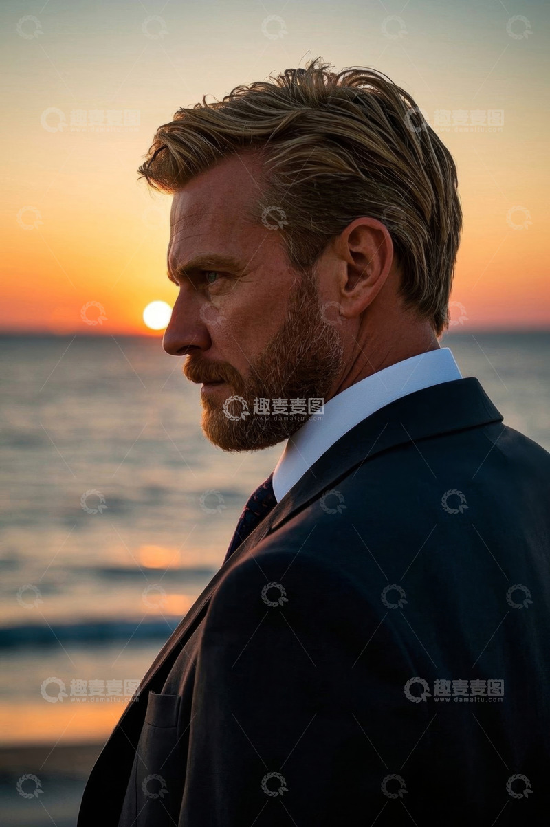 高清大图下载【趣麦麦图】落日余晖西装男士海边侧影
