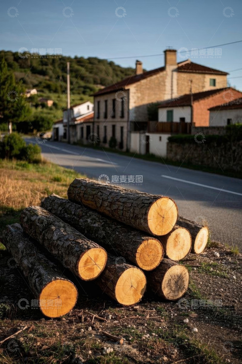高清大图下载【趣麦麦图】乡村道路旁堆放的原木