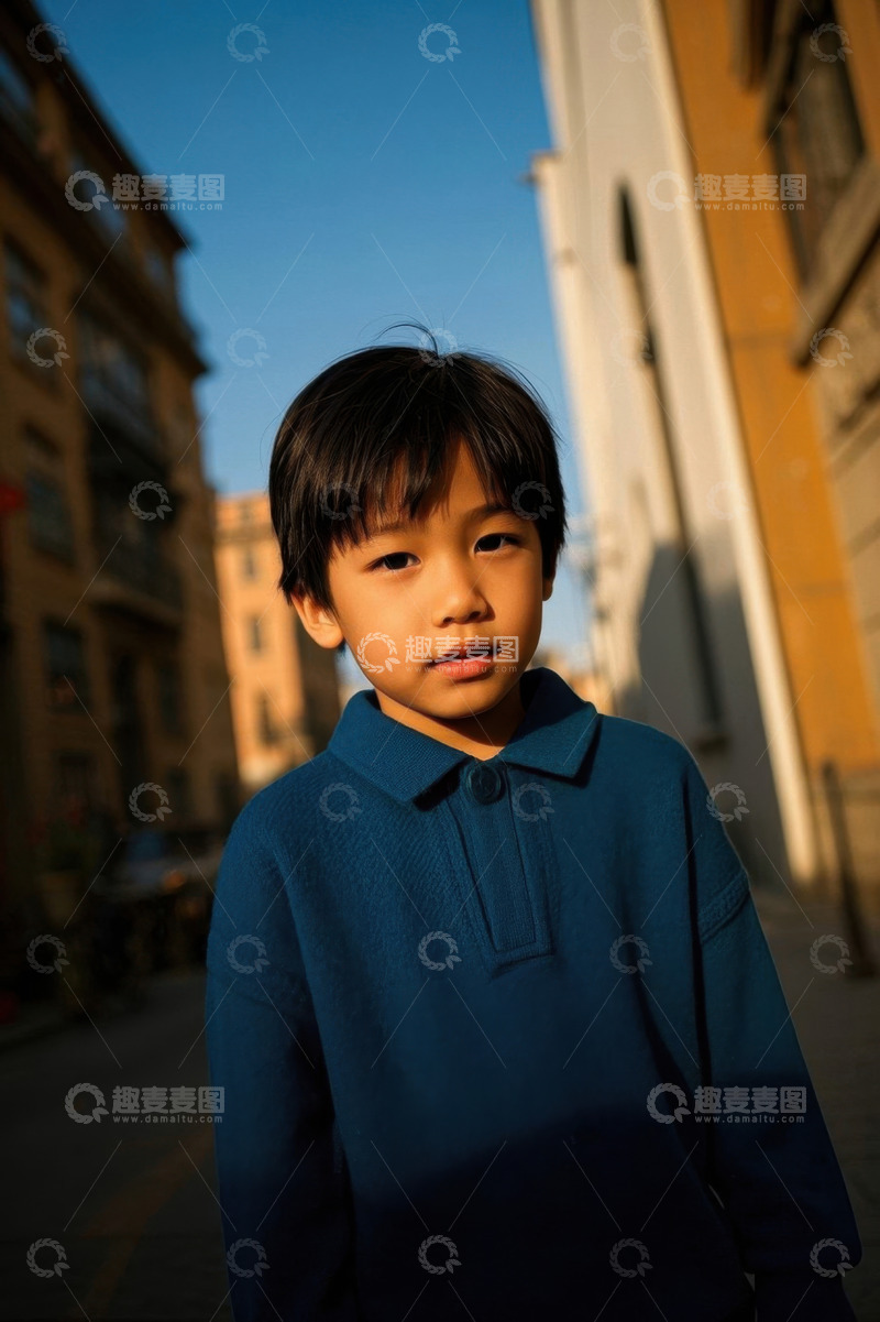 高清大图下载【趣麦麦图】男孩穿着蓝色卫衣站在街道上