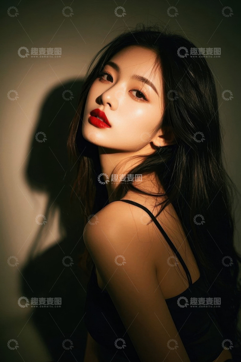高清大图下载【趣麦麦图】灯光照射下迷人女子侧颜照