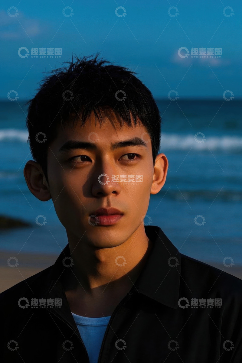 高清大图下载【趣麦麦图】阳光下海边年轻男子肖像
