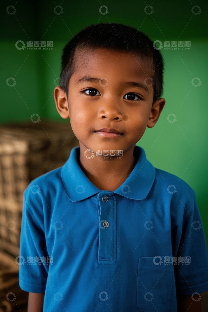 高清大图下载【趣麦麦图】穿着蓝色polo衫的亚洲男孩肖像