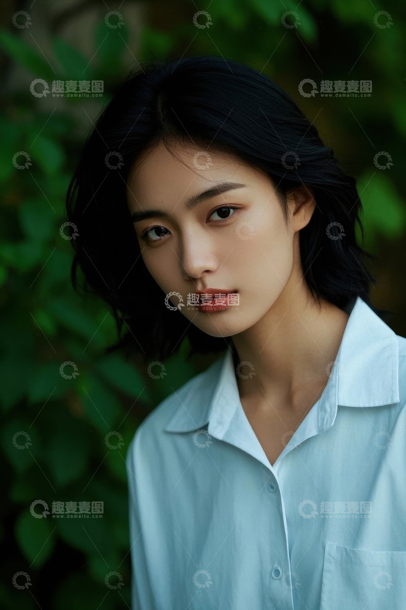 高清大图下载【趣麦麦图】绿叶背景下时尚女生写真