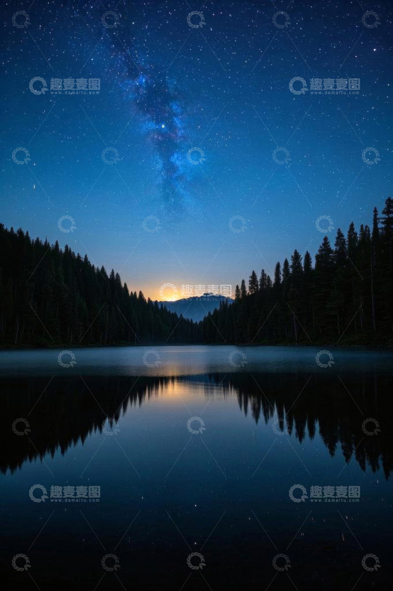 高清大图下载【趣麦麦图】湖边森林星空夜景