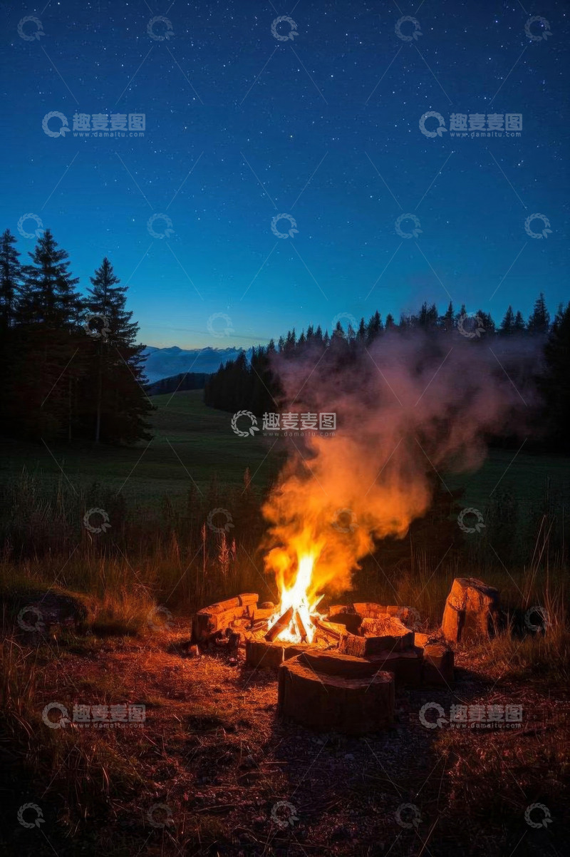 高清大图下载【趣麦麦图】野外星空下的篝火场景