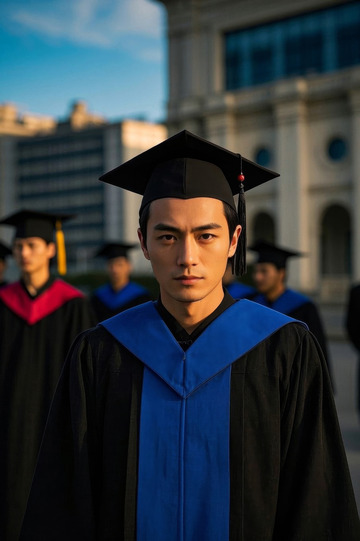 毕业生身穿学位服凝视镜头
