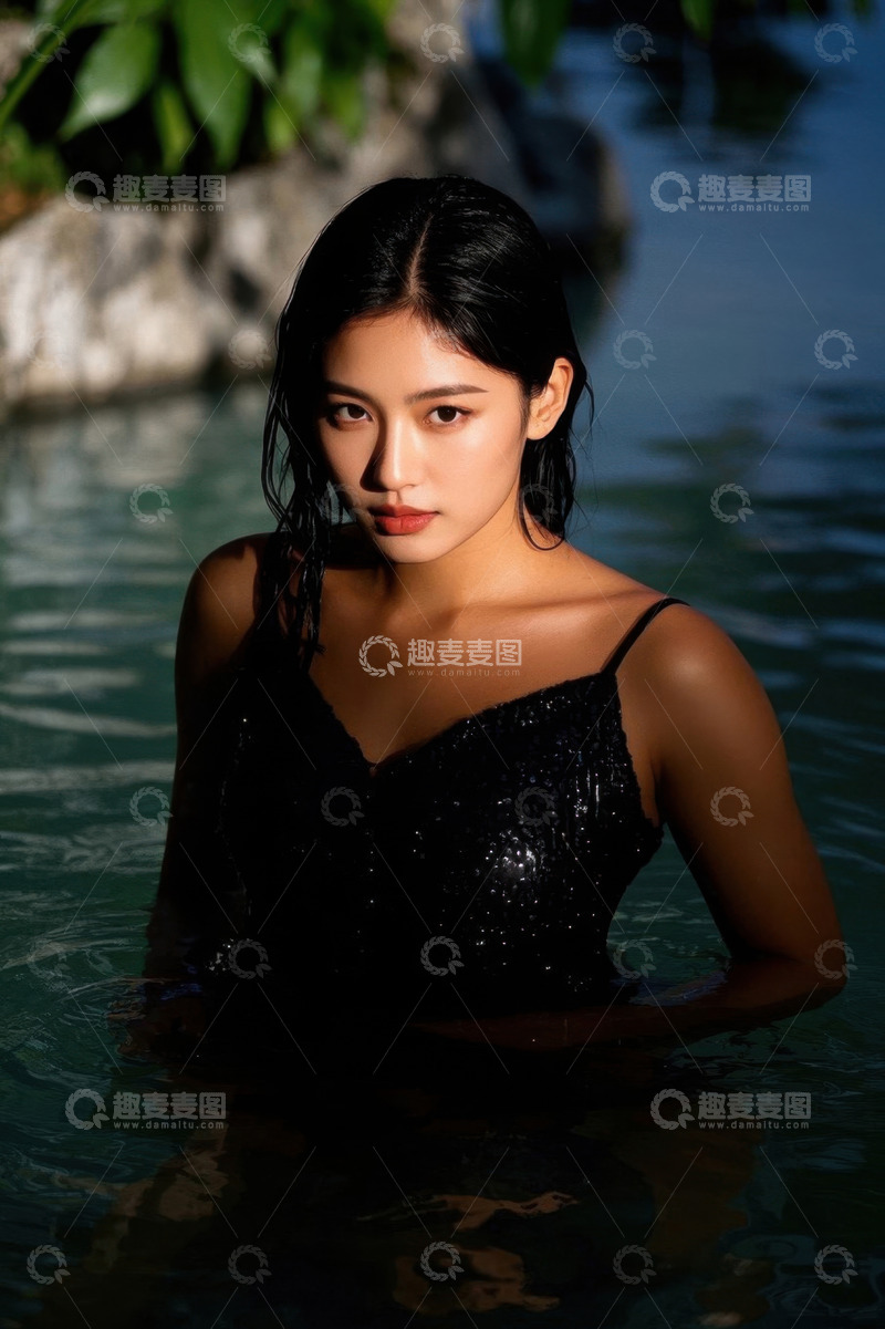 高清大图下载【趣麦麦图】泳池中的黑衣女子眼神魅惑