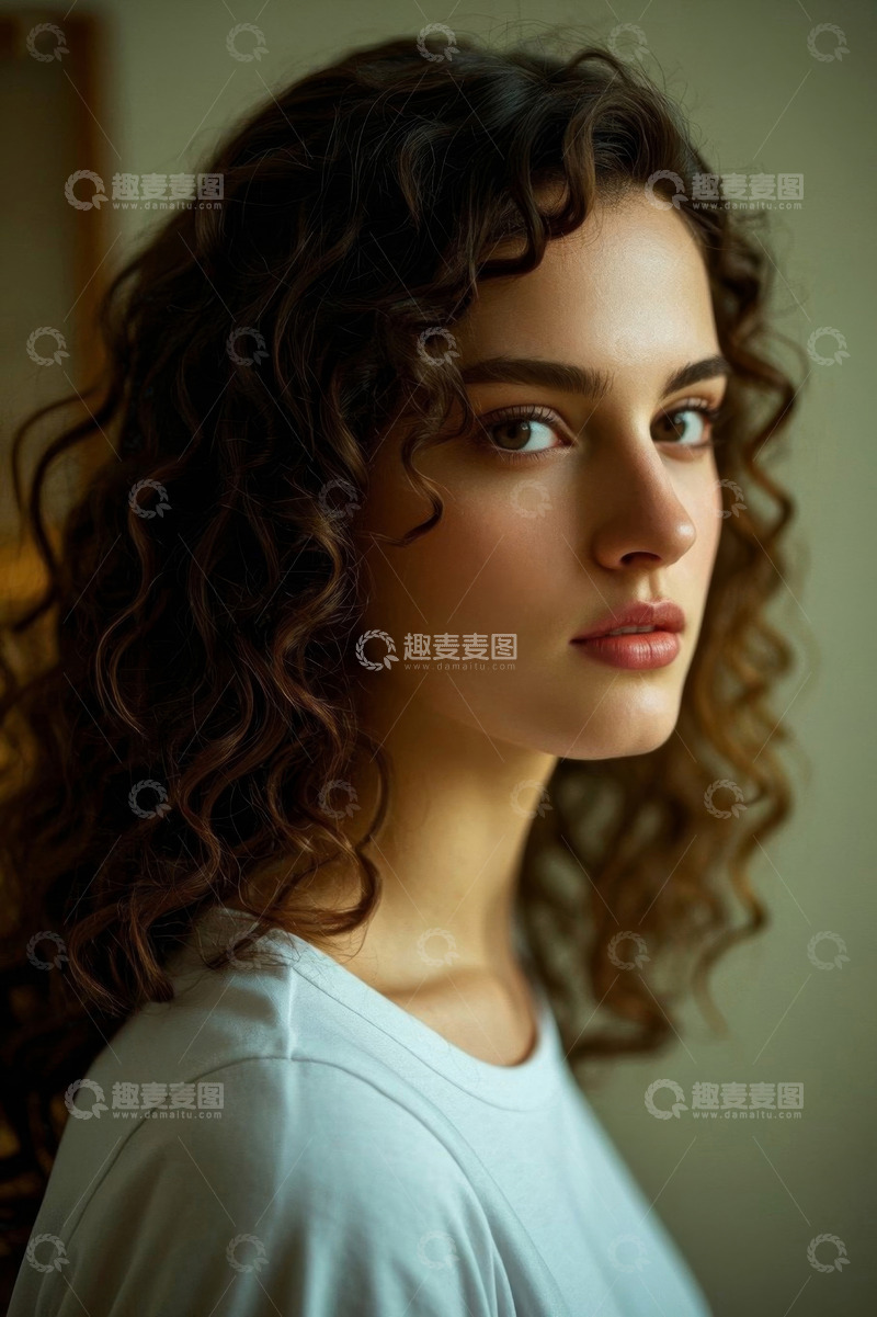 高清大图下载【趣麦麦图】卷发女子侧颜特写温柔气质