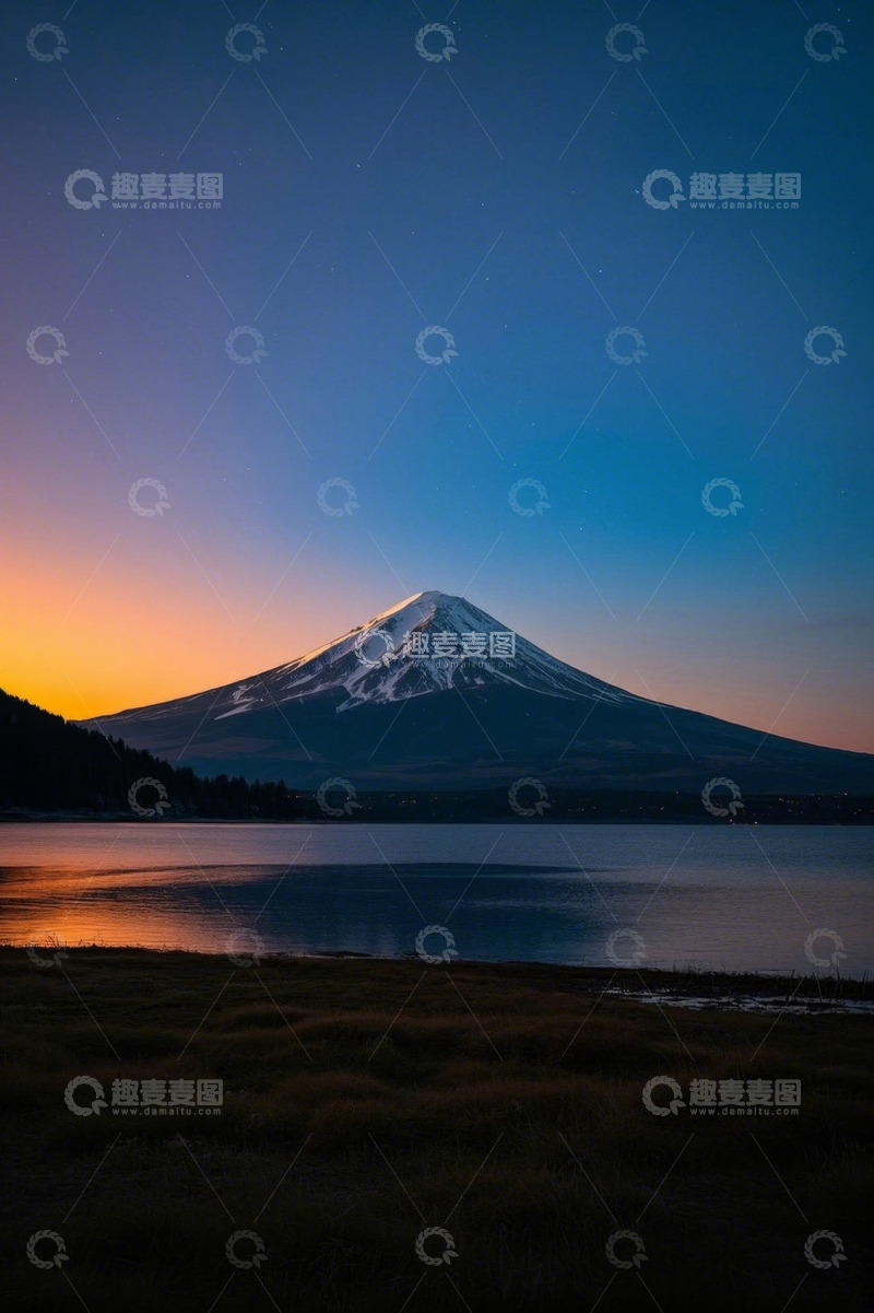 高清大图下载【趣麦麦图】日本富士山湖畔黄昏景色