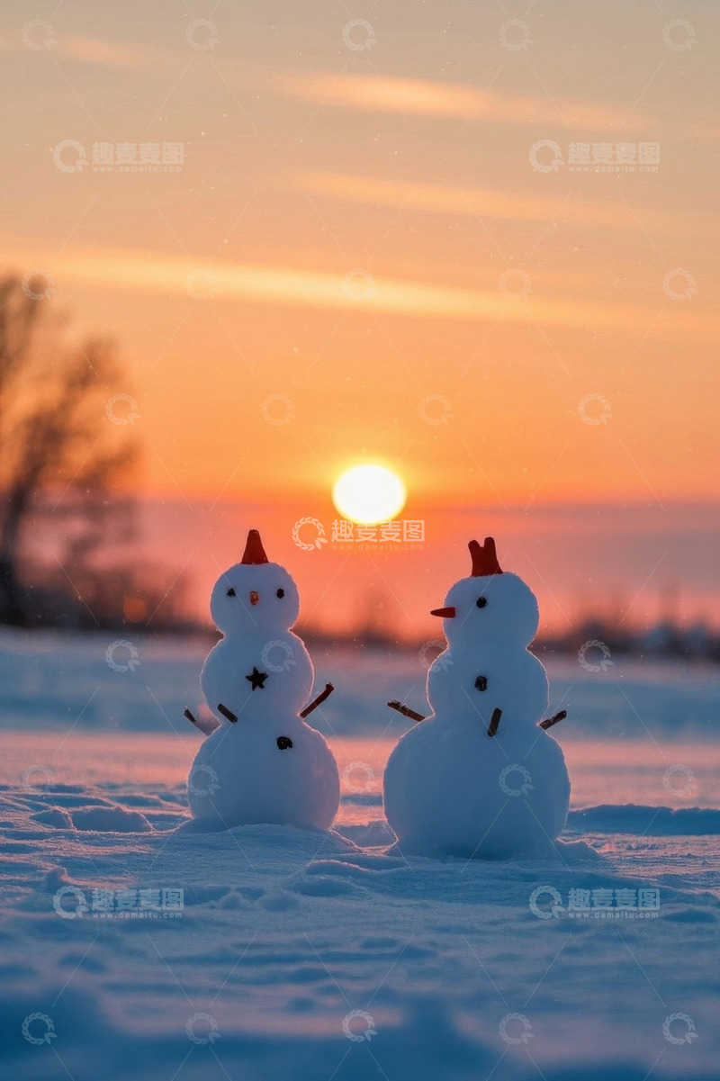 高清大图下载【趣麦麦图】夕阳下雪地中的两个雪人