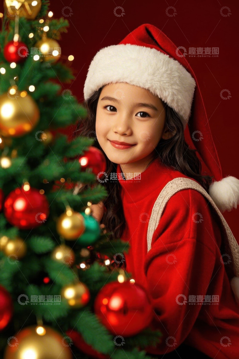 高清大图下载【趣麦麦图】圣诞女孩与圣诞树温馨合影