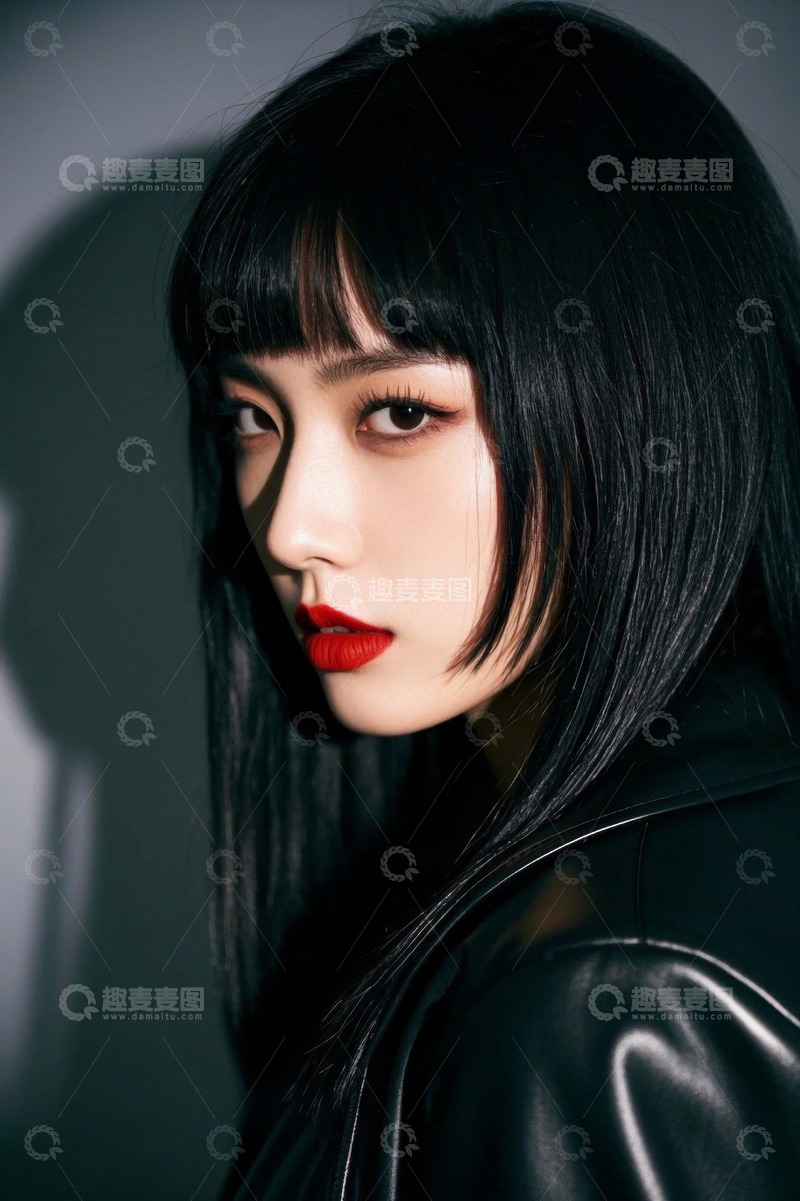 高清大图下载【趣麦麦图】红唇黑发女子侧颜照酷飒十足